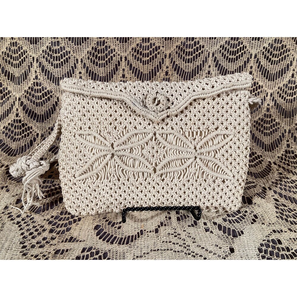 Vintage 50s Ivory Macrame Purse Cotton Woven Handbag Boho Bridal Summer Bag